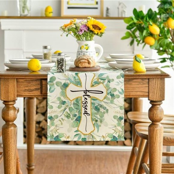 Easter Table Runner Blessed Cross Spring Summer Decor Farmhouse Decorative Cloth - Picture 2 of 4